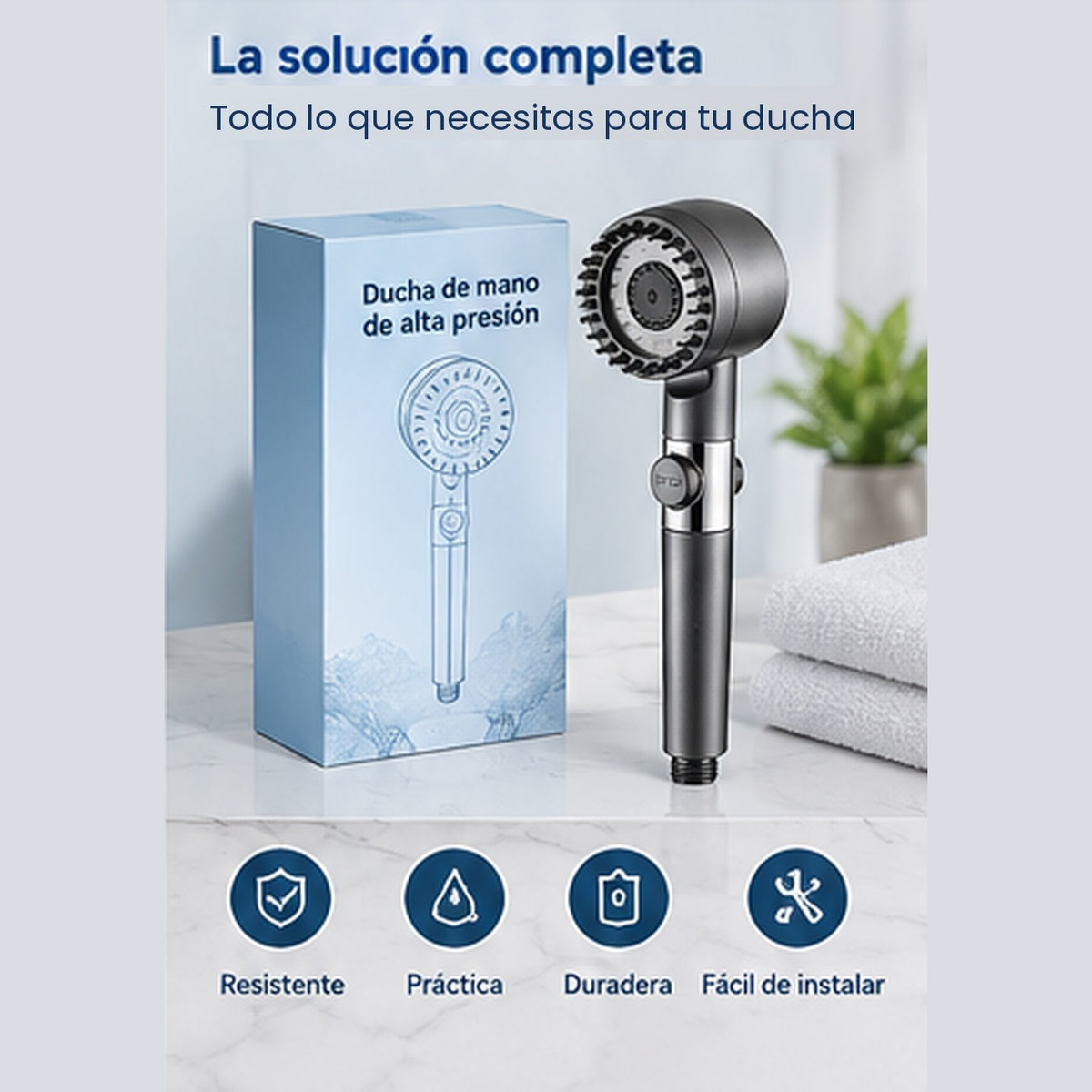 Cabezal de ducha Nubea junto a su caja